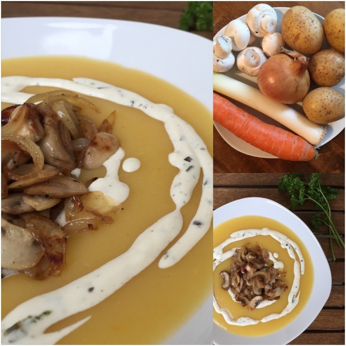 Kartoffelsuppe mit Knoblauch-Joghurtsoße und Champignon-Topping ...