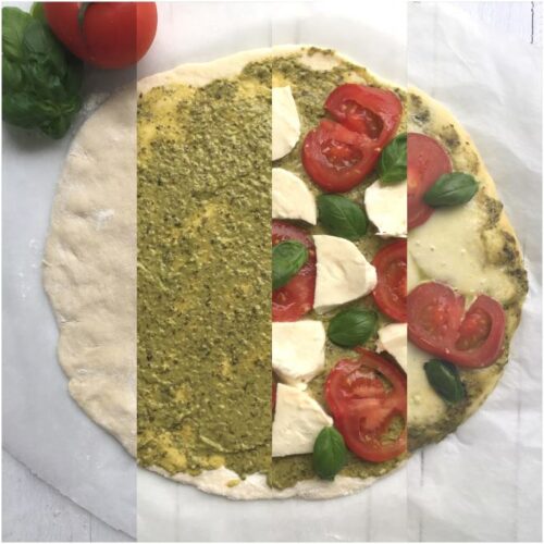 Pizza mit Pesto, Tomaten und Mozzarella Kinder, kommt essen!