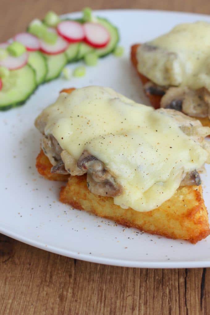 Kartoffelröstis mit Champignons überbacken