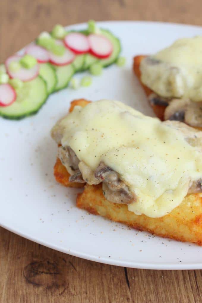 Kartoffelröstis mit Champignons überbacken