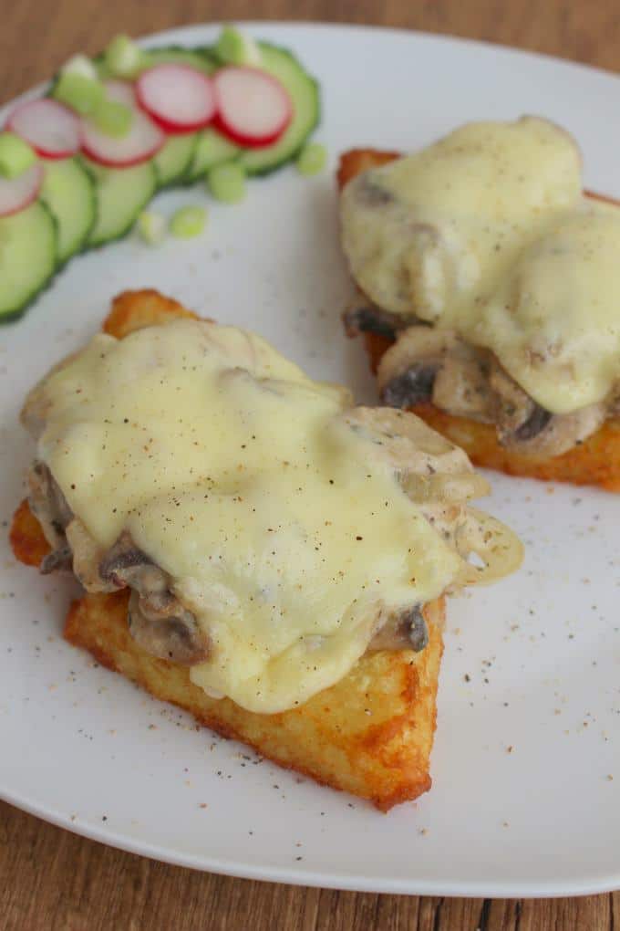Kartoffelröstis mit Champignons überbacken